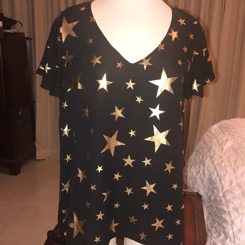 Gold Stars Print Black Blouse